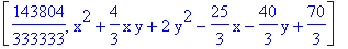 [143804/333333, x^2+4/3*x*y+2*y^2-25/3*x-40/3*y+70/3]